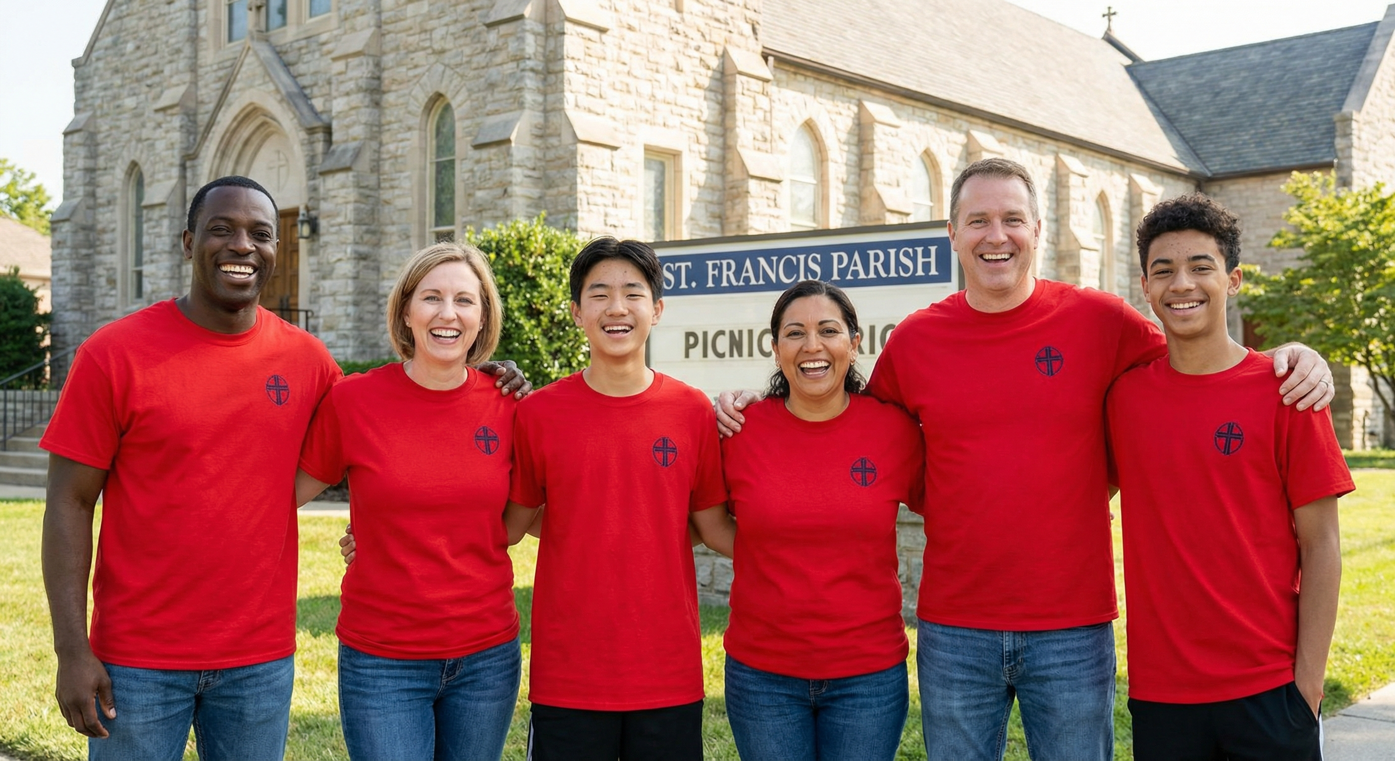 Group wearing custom church t-shirts
